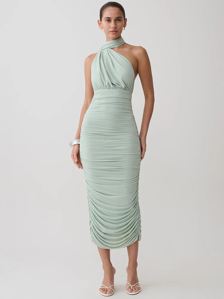 Sage green halter neck ruched midi dress