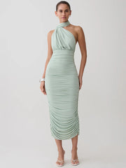 Sage green halter neck ruched midi dress
