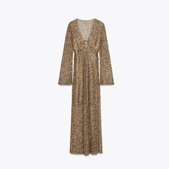 Sequined Mesh V-Neck Midi Dress