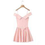 Pink Roll up Collar Open Shoulder Ruched Mini Dress For Women