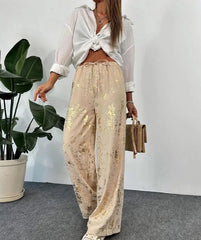 High Waist Metal Print Baggy Drawstring Loose Long Trousers