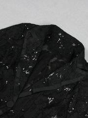 Sequin Embroidered Lace Blazer and Flare Pants Set