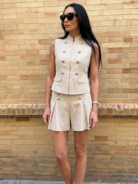 Black linen blend stand collar vest and pleated shorts set