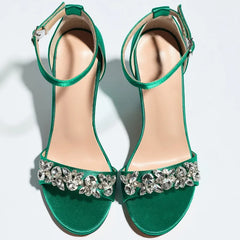 Crystal Embellished Square Heel Ankle Strap Sandals