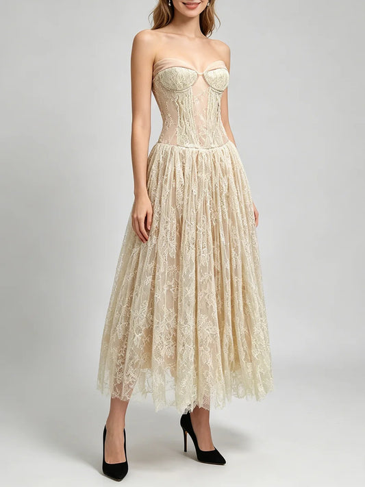 Lace A-line midi dress in cream
