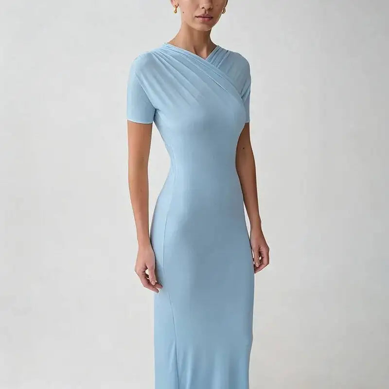 Close-up of blue cross neck maxi dress neckline