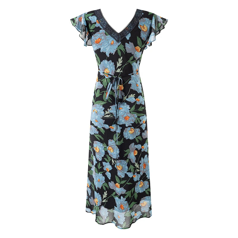 V-neck flutter sleeve lace trim floral print maxi dress with blue flowers