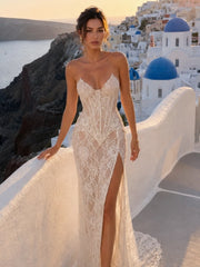 Strapless lace corset top and maxi skirt set with high slit