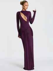 Draped Ruched Front Hollow Out Long Sleeve Maxi Dress