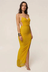 Ruched High Slit Spaghetti Strap Maxi Dress