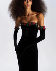 Open Shoulder 3D Floral Sequins Black Velvet Long Dress With Gloves