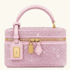Pink rhinestone vanity case bag with gold hardware