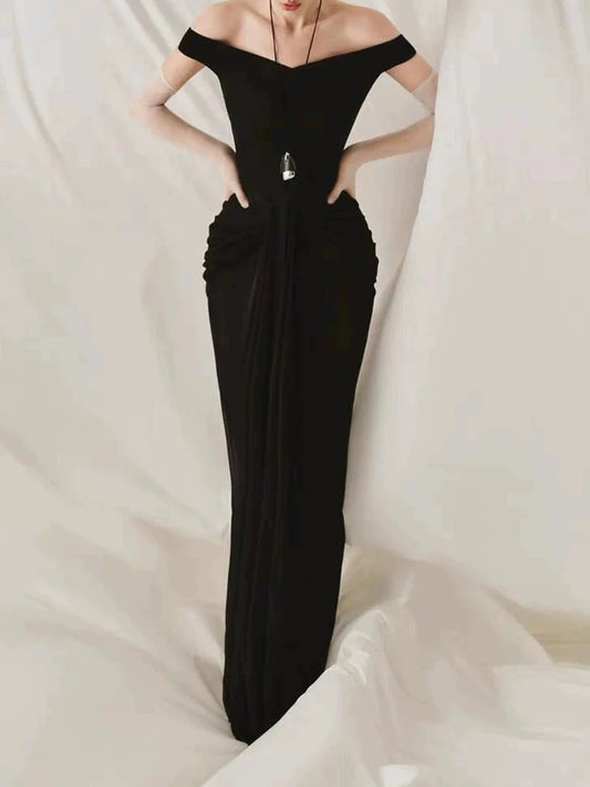 Off shoulder folds column dress with draped detailing