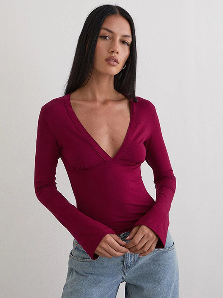 Deep V Neck Long Sleeve Top