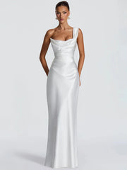 Satin Bodycon One Shoulder Cowl Neck Maxi Dress