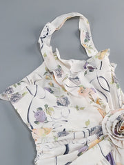 One-Shoulder Ruffled Print Asymmetrical Neckline Sleeveless Ankle-Length Dress