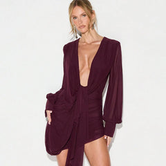 Burgundy draped v-neck long sleeve mini dress