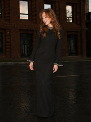 Red formal evening dress with crystal embellished neckline and flared sleeves