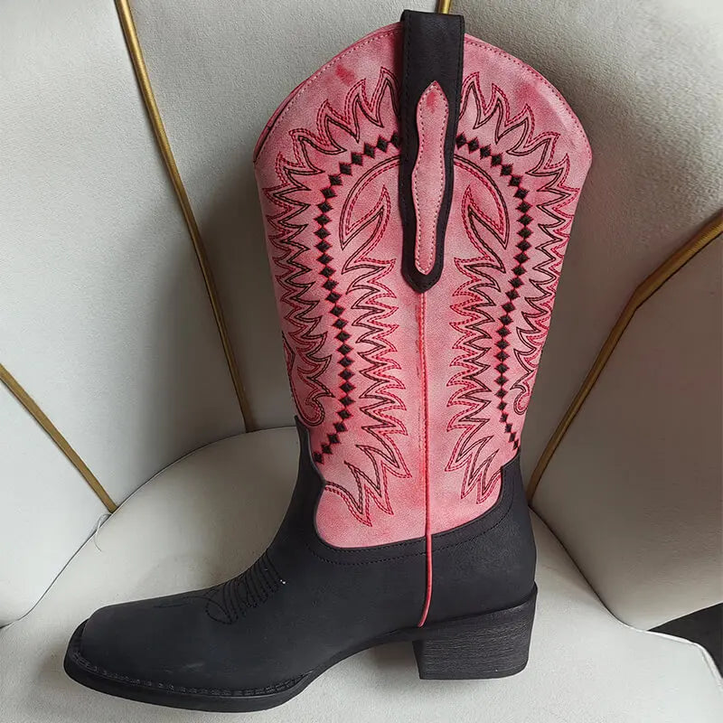 Embroidered square toe block heel boots detail