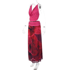 Deep V-Neck Cowl Neck Top and Floral Print Maxi Skirt Set