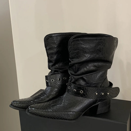 Black snake embossed buckle strap pointed toe square heel ankle boots