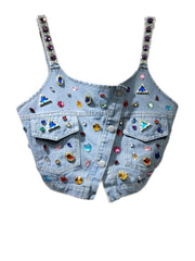  Denim Colorful Diamond Crystal Single Breasted Sleeveless Tank Top