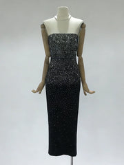 Black Strapless Gradient Sequin Beaded Midi Dress
