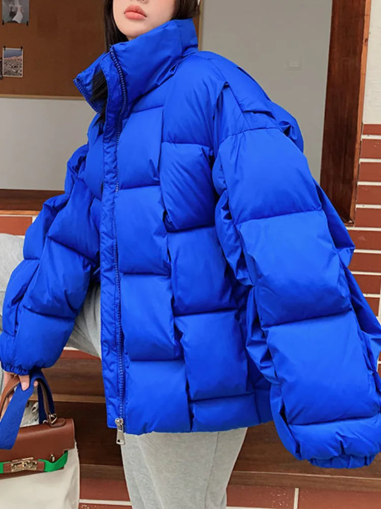 Three-dimensional Plaid Woven Coat Solid Thick Down Jacket