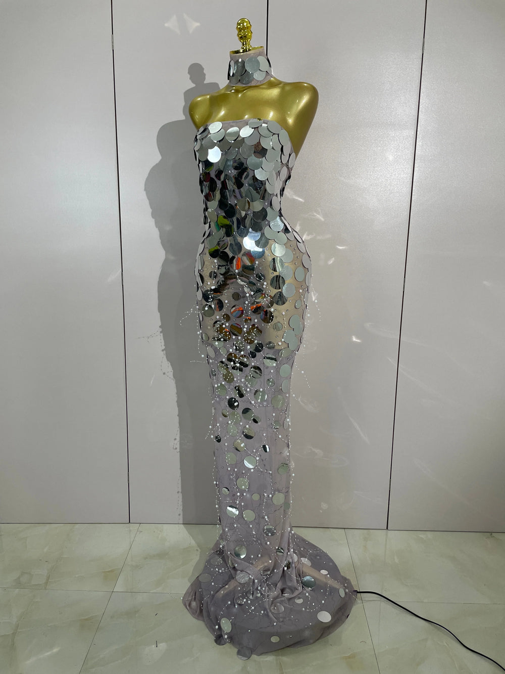 Sequin and pearl strapless floor length dress