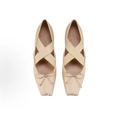Pair of beige ballet shoes with straps on a white background