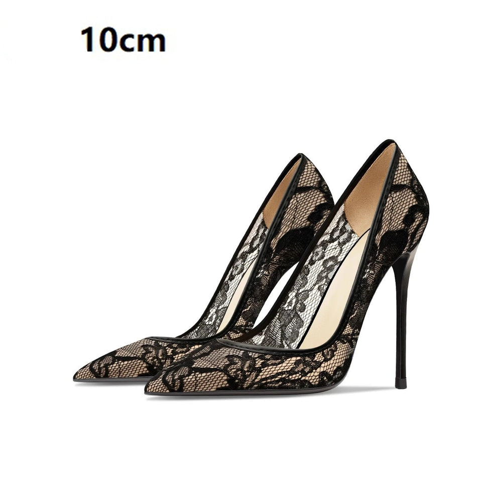 Black lace high-heeled shoes on a white background with text indicating heel height.
