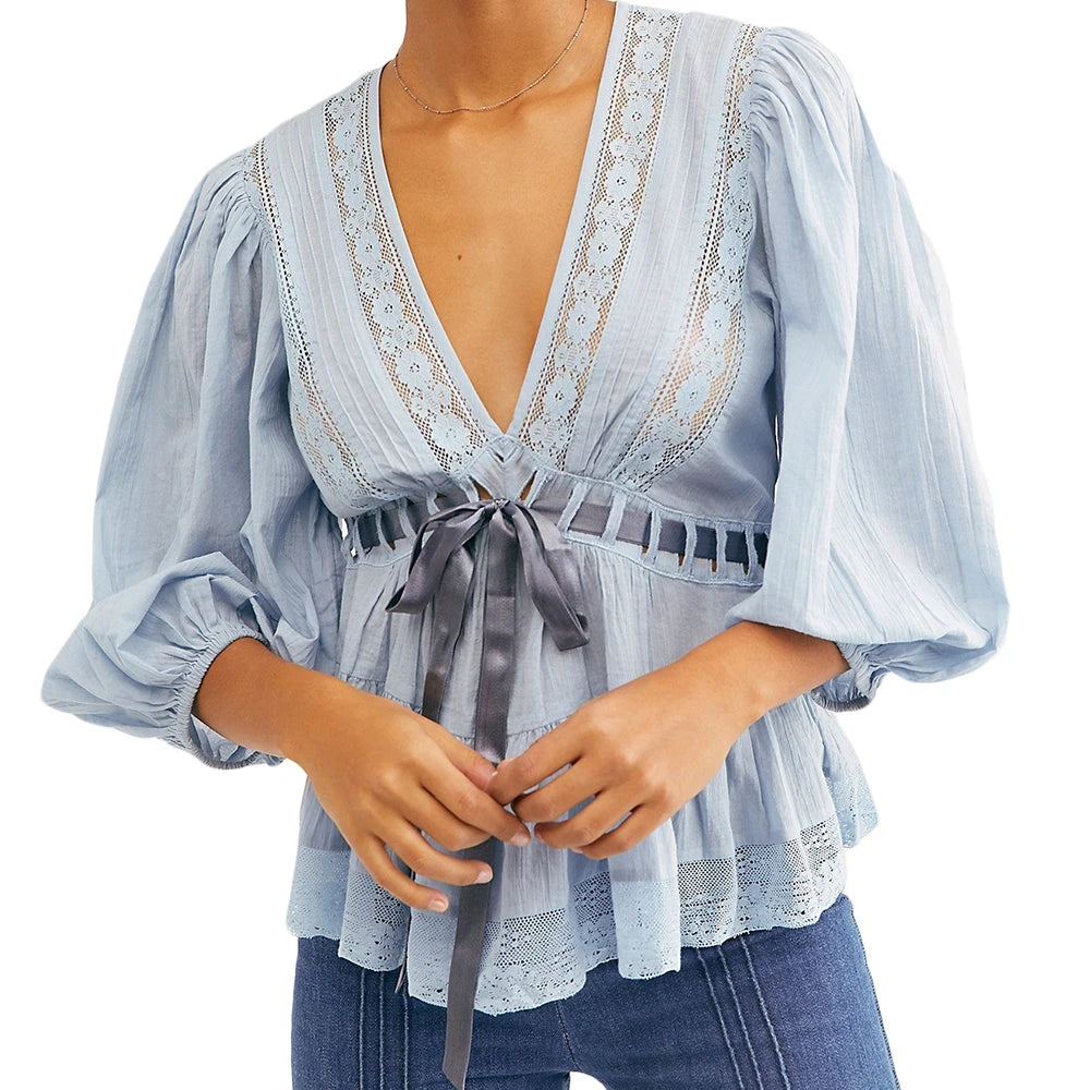 Light blue puff sleeve lace trim peplum top with grey tie