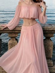 Off-Shoulder Chiffon Crop Top and Maxi Skirt
