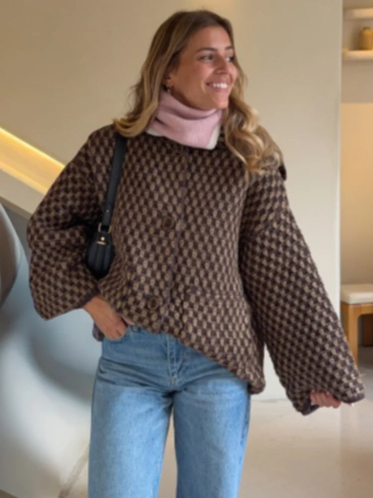 Plaid Knit Button-Front Coat