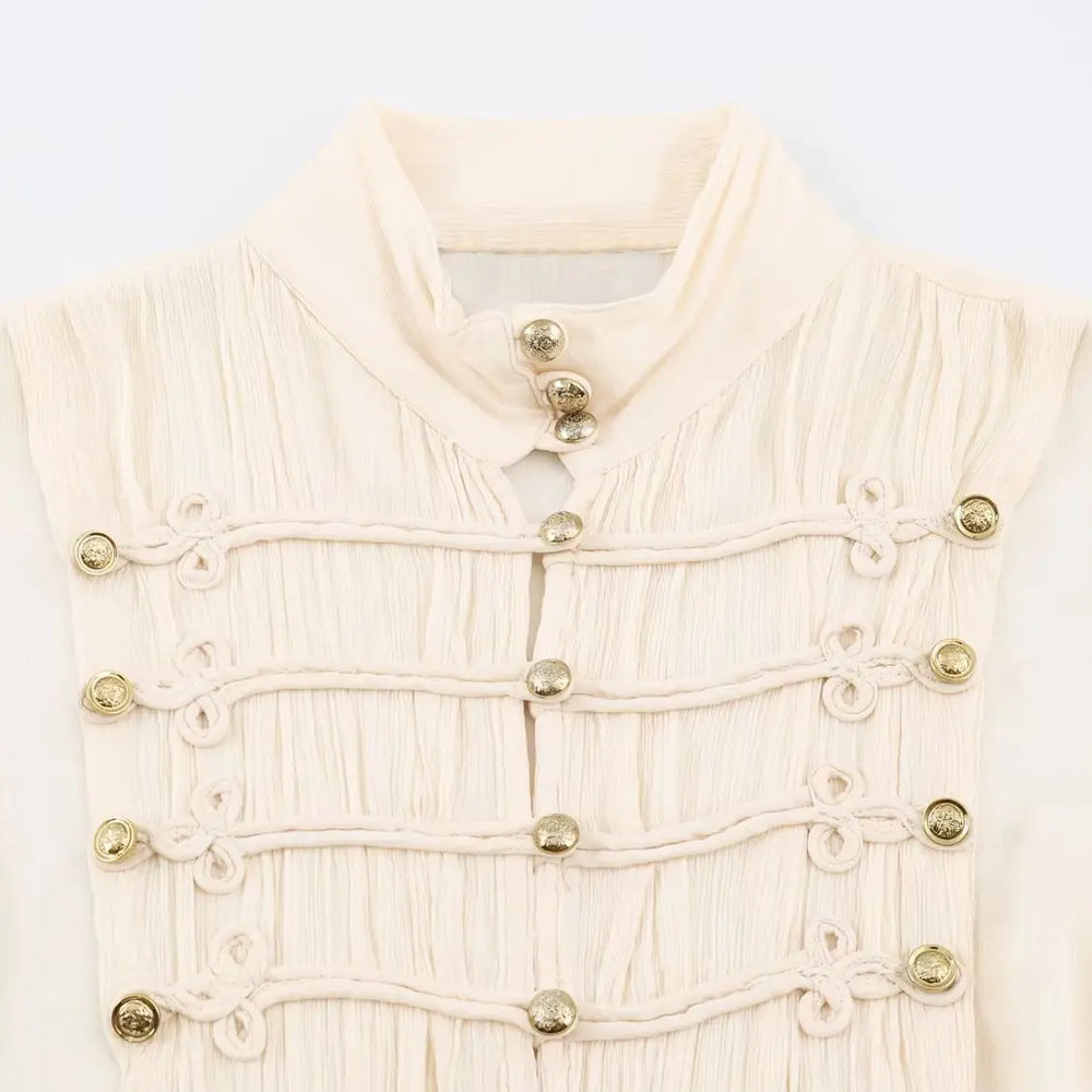 Stand collar knotted button flare sleeve blouse detail view