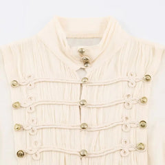Stand collar knotted button flare sleeve blouse detail view