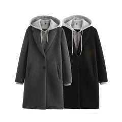 Patchwork Hooded Button Zipper Long Sleeve Coats