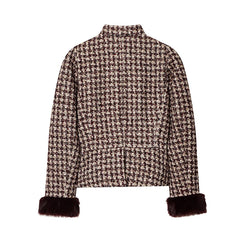 Faux Fur Cuffs Plaid Stand Collar Jacket