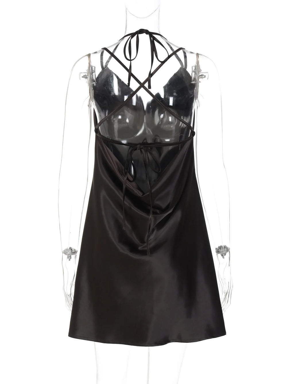 Black satin dress with criss-cross straps on a mannequin against a white background