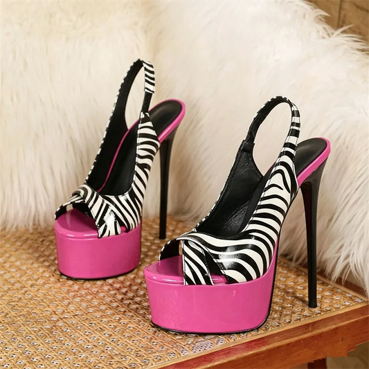 Zebra print stiletto heel platform sandal pair