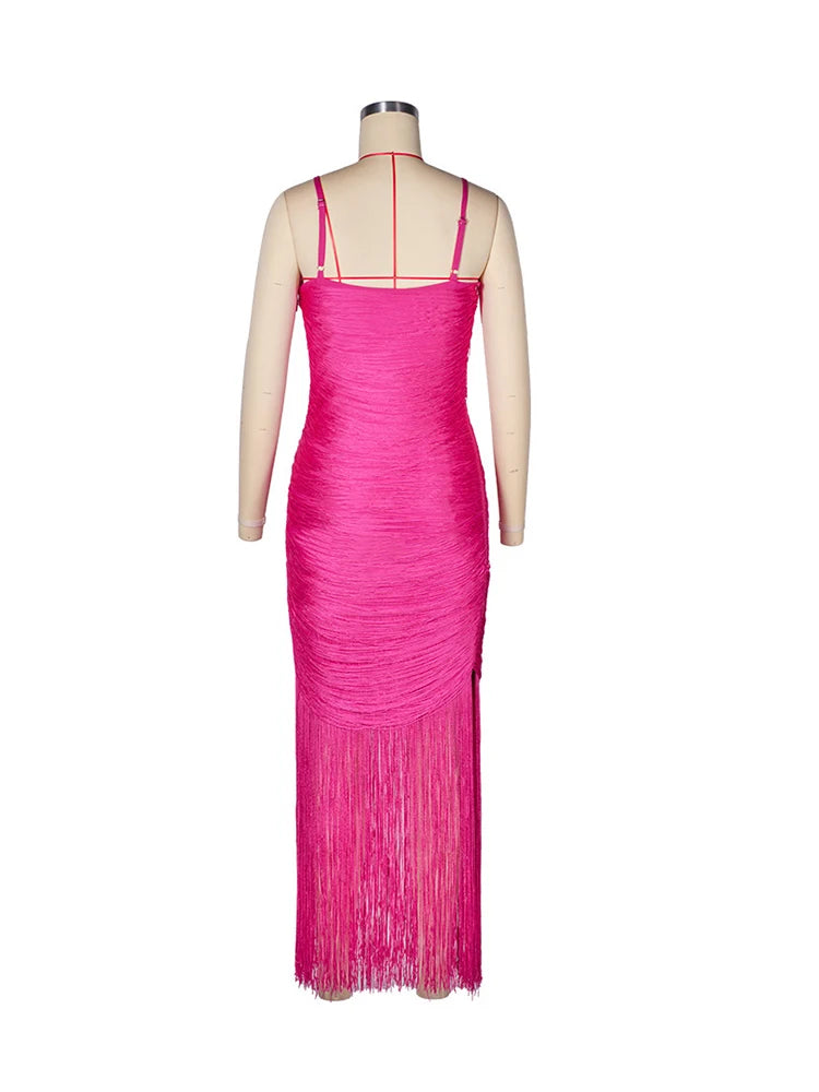 Pink dress on a mannequin against a white background