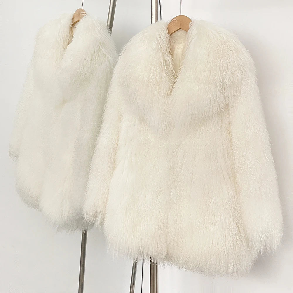 White fluffy coat on a hanger against a white background