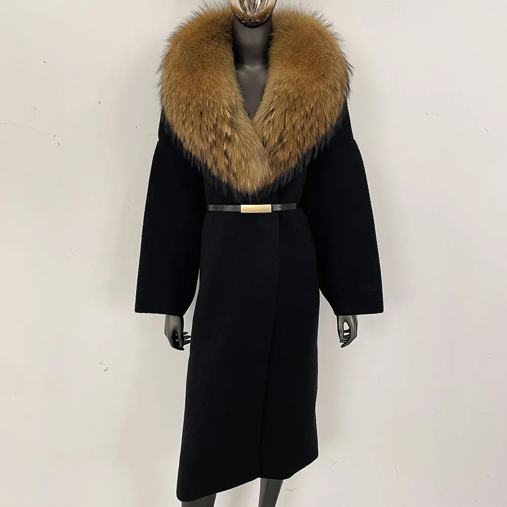 knit long coat with mocha faux fur collar