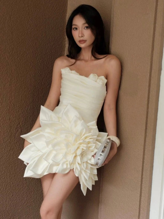 Strapless mini dress with 3D flower applique in cream