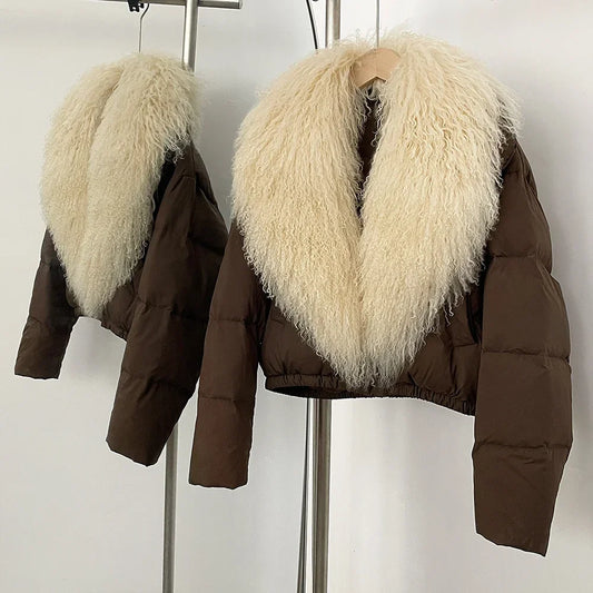 Brown cropped puffer jacket with a large cream-colored fur collar.