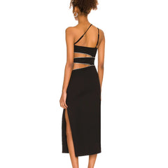 Back view of black one-shoulder midi dress with diamond chain cutouts