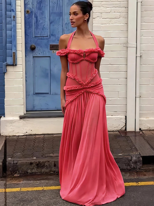 Ruffled halter neck maxi dress in coral pink