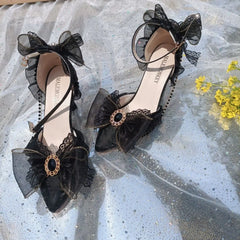 Handmade Flower Dark Black Pointed Thin Heeled Shoes