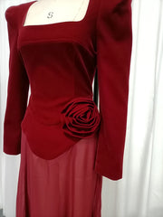 Red Velvet Square Neck 3D Flower Maxi Dress