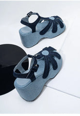 Denim Platform Flower T Strap Sandals